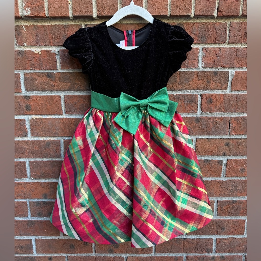 Bonnie Jean Velvet Red Plaid Bow Dress Size 4T Holiday Christmas Red Green